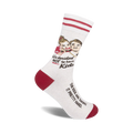 Off-white crew socks with red stripes and a humorous illustration of a couple. Text reads 'We decided NOT to have kids' and 'The kids are taking it pretty hard.'