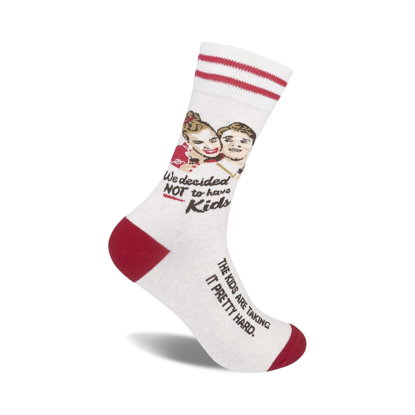 Off-white crew socks with red stripes and a humorous illustration of a couple. Text reads 'We decided NOT to have kids' and 'The kids are taking it pretty hard.'
