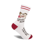 Off-white crew socks with red stripes and a humorous illustration of a couple. Text reads 'We decided NOT to have kids' and 'The kids are taking it pretty hard.'