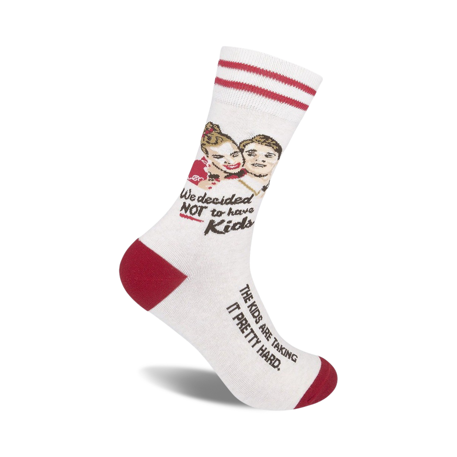 Off-white crew socks with red stripes and a humorous illustration of a couple. Text reads 'We decided NOT to have kids' and 'The kids are taking it pretty hard.'