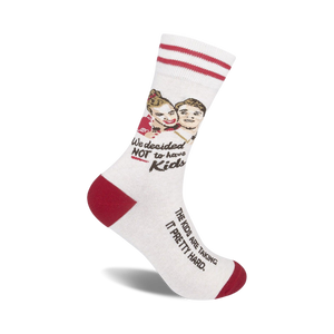 white crew socks with red stripes and cartoon man and woman. text reads 