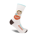 Off-white crew socks with a brown cuff.  A retro-style illustration of a woman holding a coffee cup and text reading 'Step Aside, Coffee. This is a job for Alcohol.'