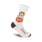 Off-white crew socks with a brown cuff.  A retro-style illustration of a woman holding a coffee cup and text reading 'Step Aside, Coffee. This is a job for Alcohol.'