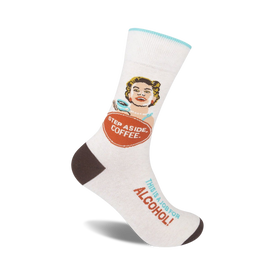 white cotton crew sock with brown heel and toe. image of blonde bombshell with coffee mug and words 'step aside, coffee...this is a job for alcohol'. for women.  