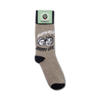 Product shot of 'Happy Wife, Happy Life' socks on a white background, showing the sock packaging.