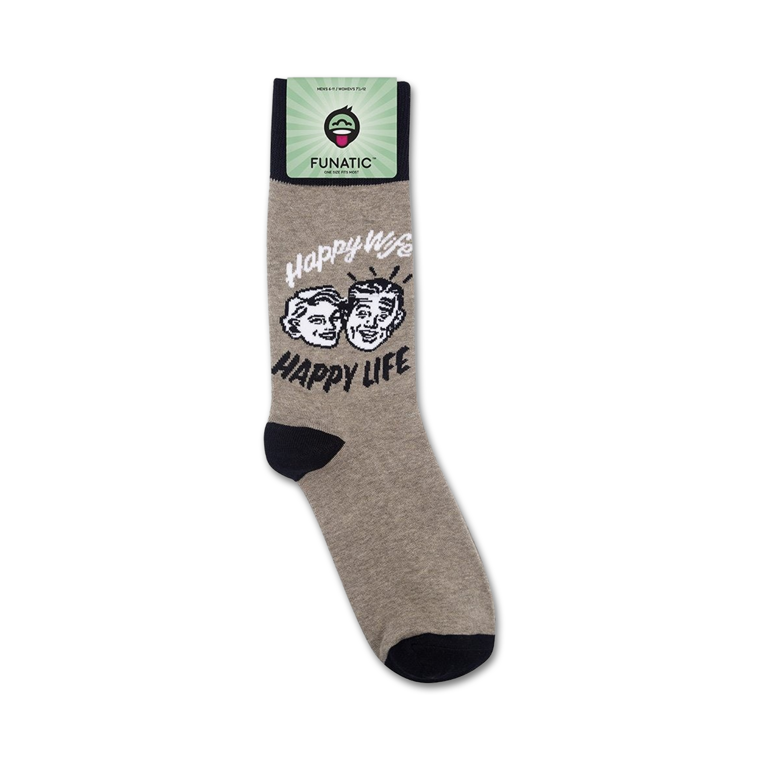 Product shot of 'Happy Wife, Happy Life' socks on a white background, showing the sock packaging.