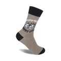 Grey crew socks with a black cuff, featuring a retro-style illustration of a happy couple and the text 'Happy Wife, Happy Life'.