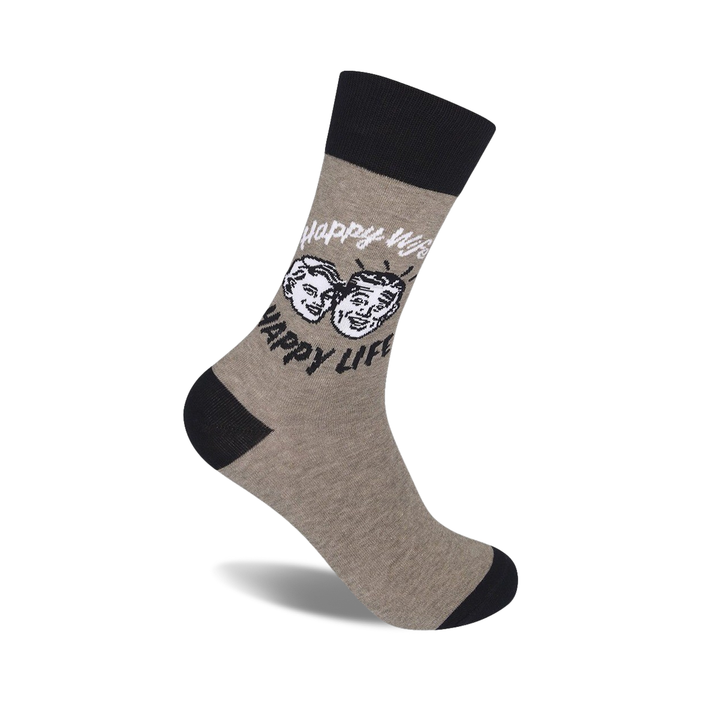 Grey crew socks with a black cuff, featuring a retro-style illustration of a happy couple and the text 'Happy Wife, Happy Life'.