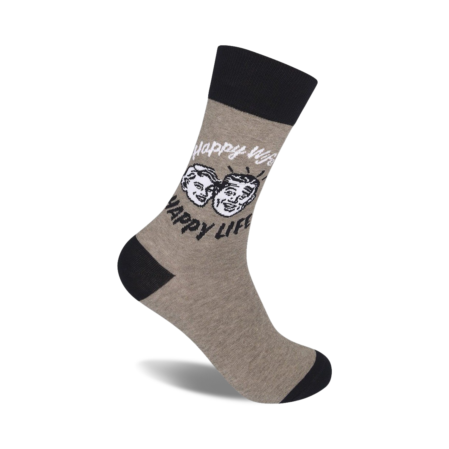 Grey crew socks with a black cuff, featuring a retro-style illustration of a happy couple and the text 'Happy Wife, Happy Life'.
