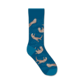 Crew socks in teal blue featuring playful otters swimming amidst stylized waves.  Brown otters are the main design element against the blue background.