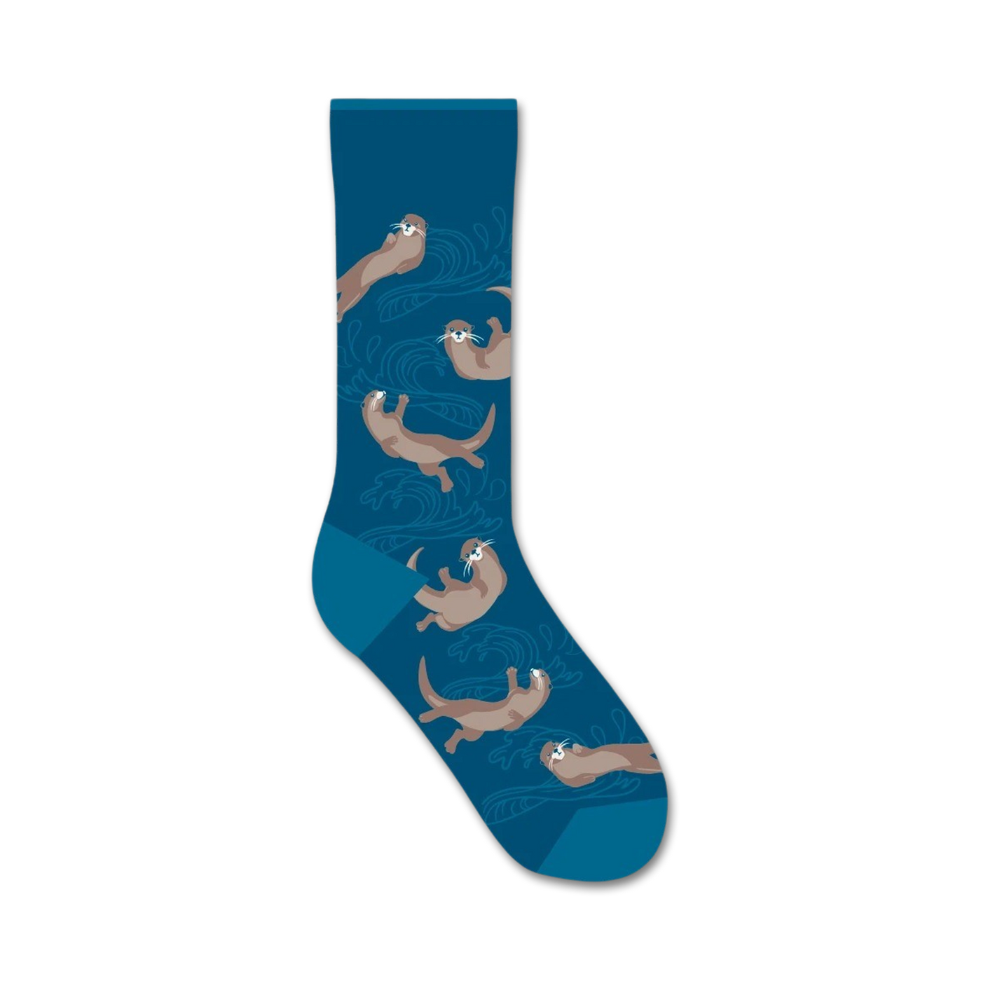 Crew socks in teal blue featuring playful otters swimming amidst stylized waves.  Brown otters are the main design element against the blue background.