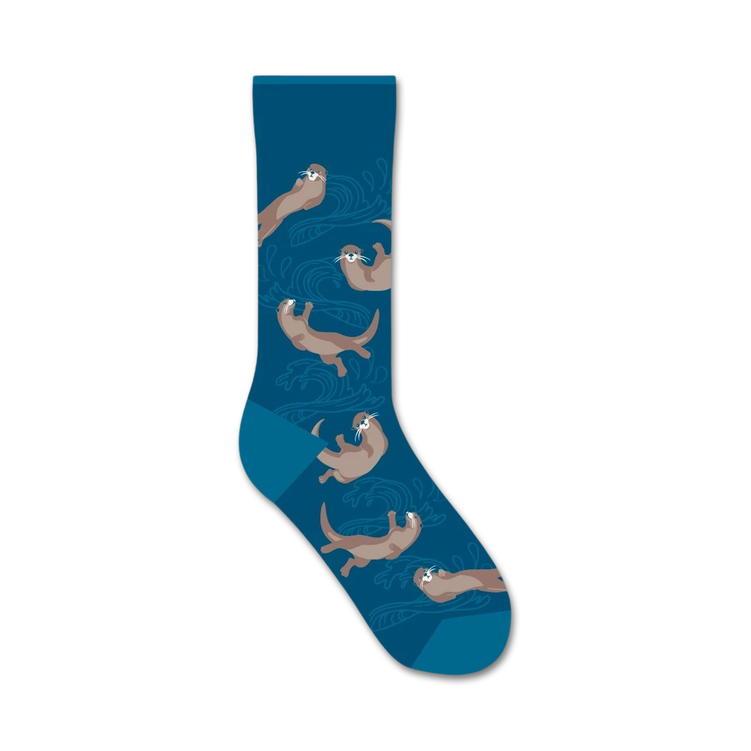 Crew socks in teal blue featuring playful otters swimming amidst stylized waves.  Brown otters are the main design element against the blue background.