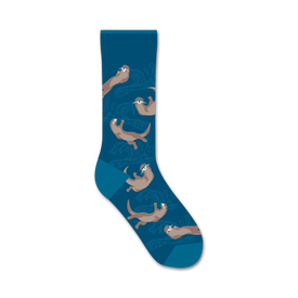 blue crew socks with a playful pattern of cartoon otters swimming in a wavy water design.  