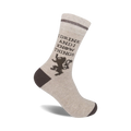 Beige crew socks with a brown 'I Drink and I Know Things' phrase, a brown lion emblem, and brown stripes at the top.