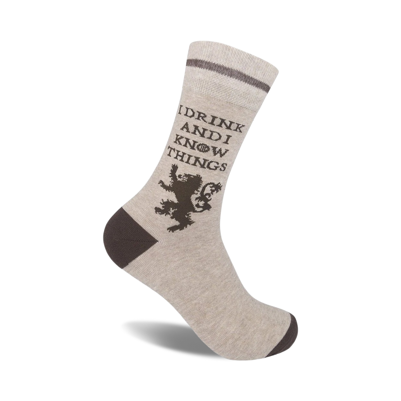 Beige crew socks with a brown 'I Drink and I Know Things' phrase, a brown lion emblem, and brown stripes at the top.