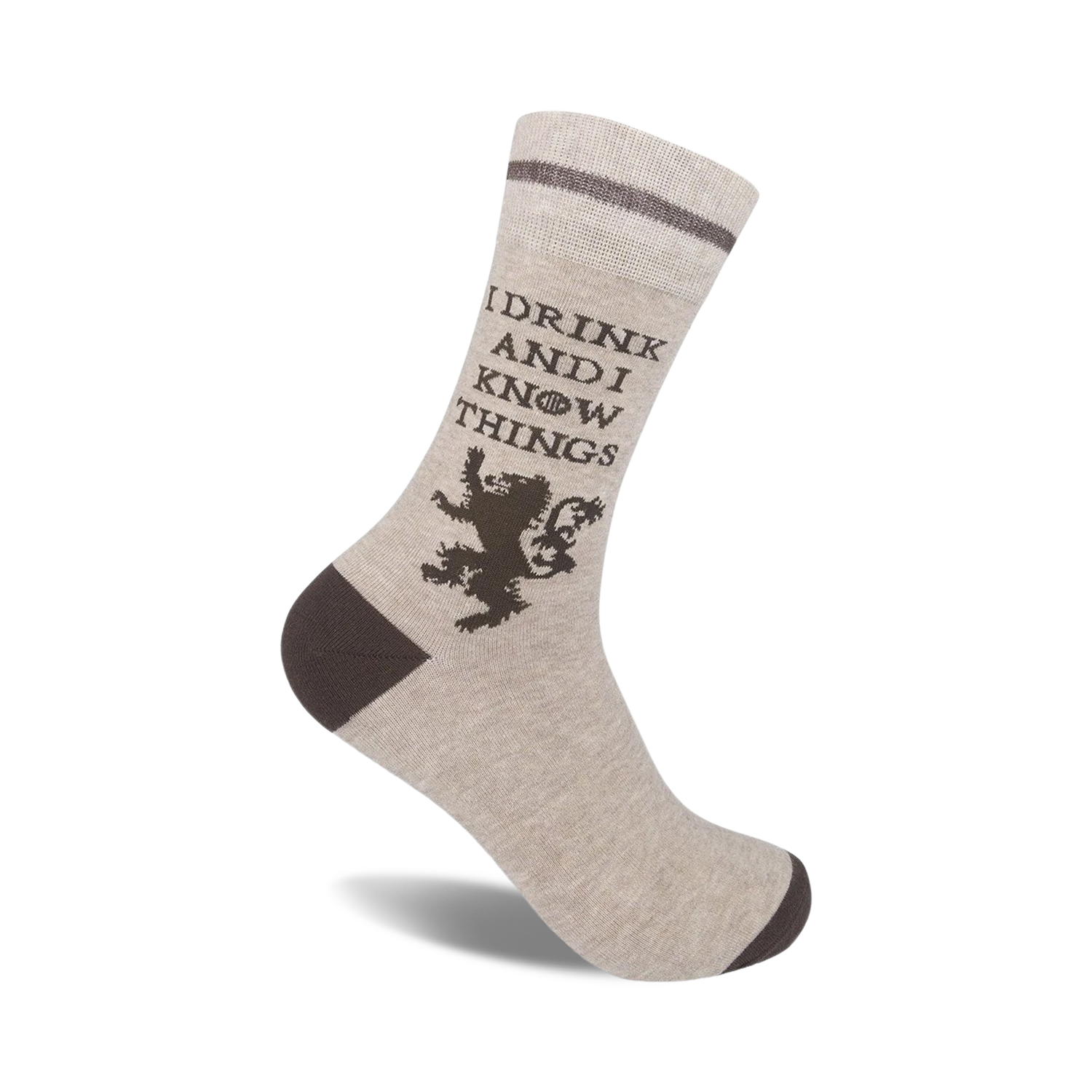 Beige crew socks with a brown 'I Drink and I Know Things' phrase, a brown lion emblem, and brown stripes at the top.