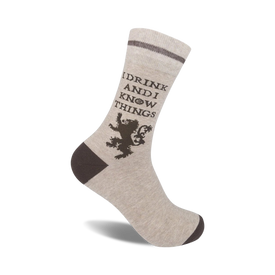 men's and women's crew socks with a brown lion and text that says "i drink & i know things"  