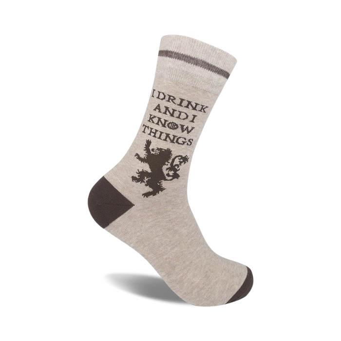men's and women's crew socks with a brown lion and text that says 
