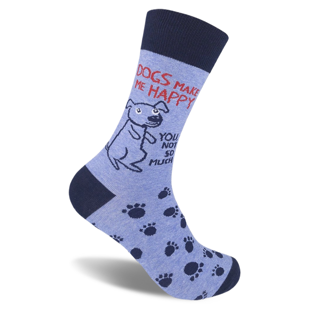 Light blue sock with navy accents. Shows a sitting dog, paw prints, and text: Dogs Make Me Happy, You Not So Much.