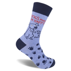 Light blue sock with navy accents. Shows a sitting dog, paw prints, and text: Dogs Make Me Happy, You Not So Much.