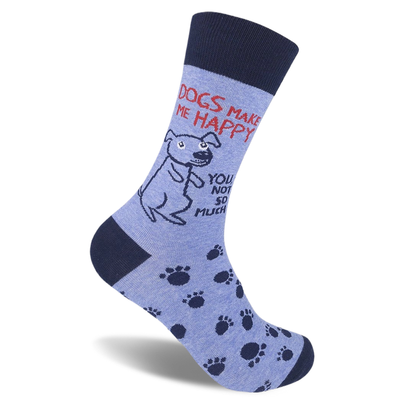 Light blue sock with navy accents. Shows a sitting dog, paw prints, and text: Dogs Make Me Happy, You Not So Much.