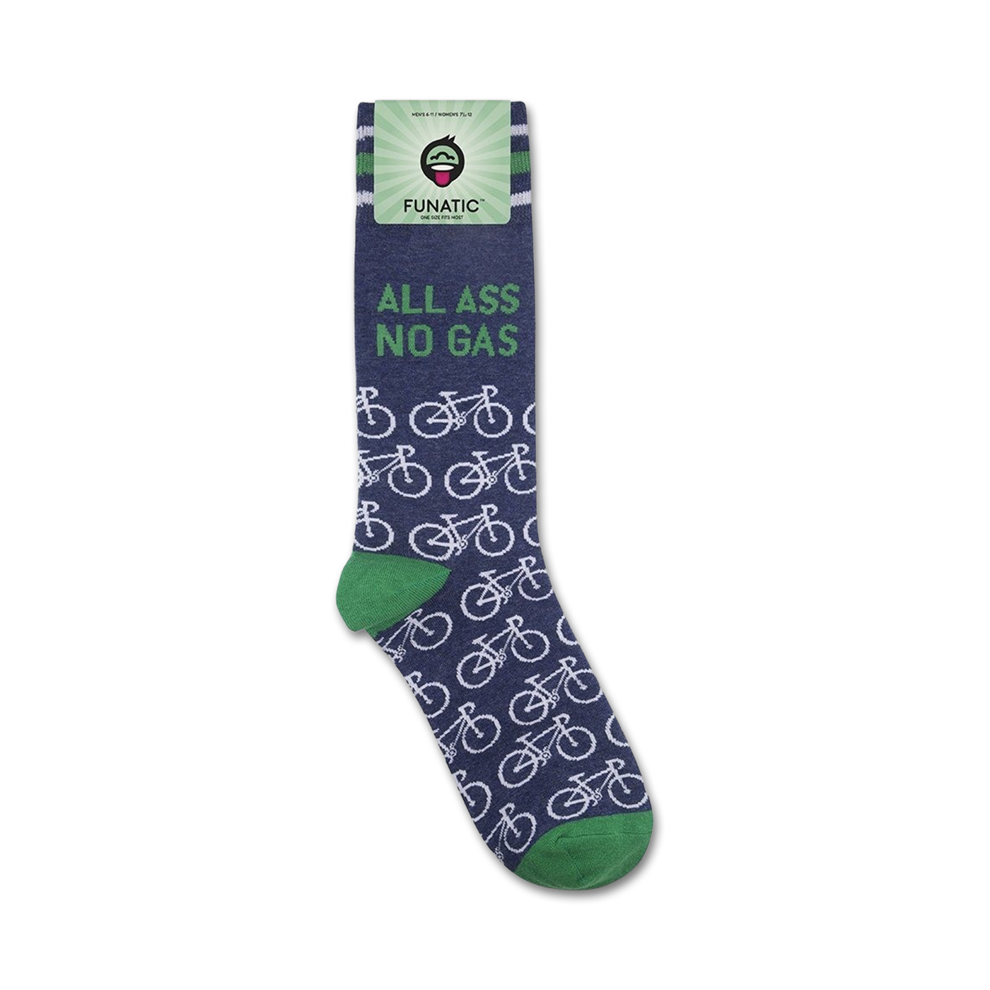 Close-up of 'All Ass No Gas' socks on a Funatic branded card.
