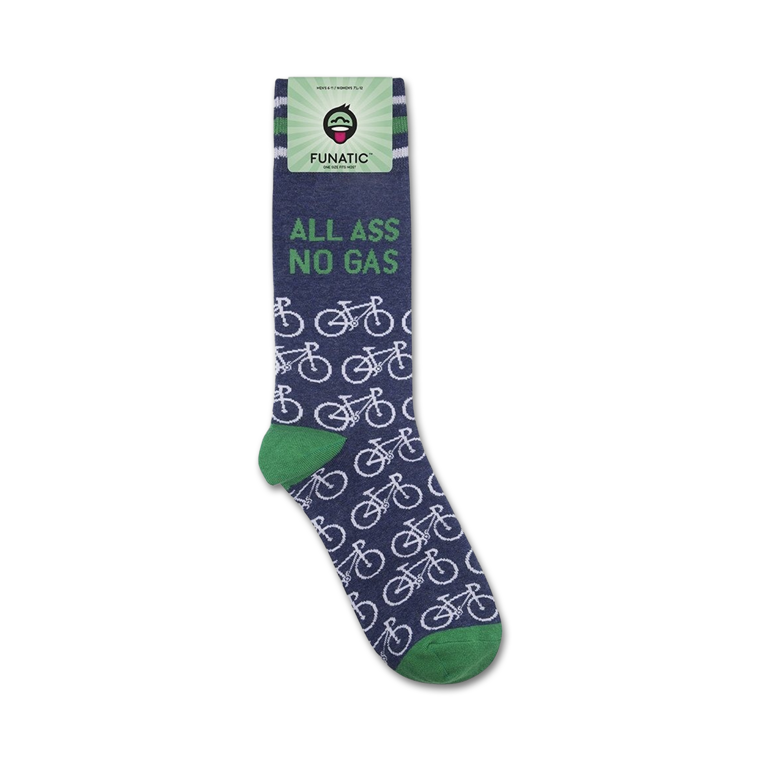 Close-up of 'All Ass No Gas' socks on a Funatic branded card.