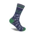 A navy blue crew sock with green cuffs, white bicycle designs, and the phrase 'All Ass No Gas' printed on the leg.