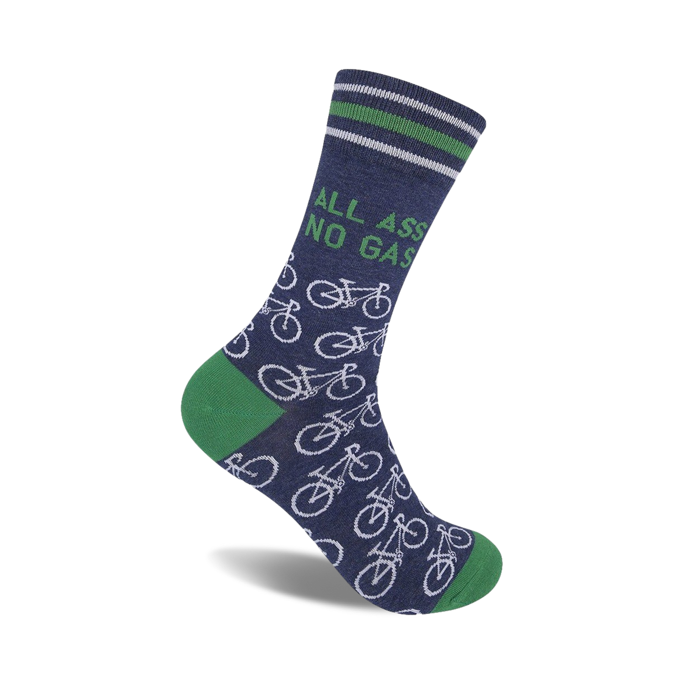 A navy blue crew sock with green cuffs, white bicycle designs, and the phrase 'All Ass No Gas' printed on the leg.