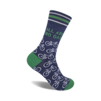 A navy blue crew sock with green cuffs, white bicycle designs, and the phrase 'All Ass No Gas' printed on the leg.