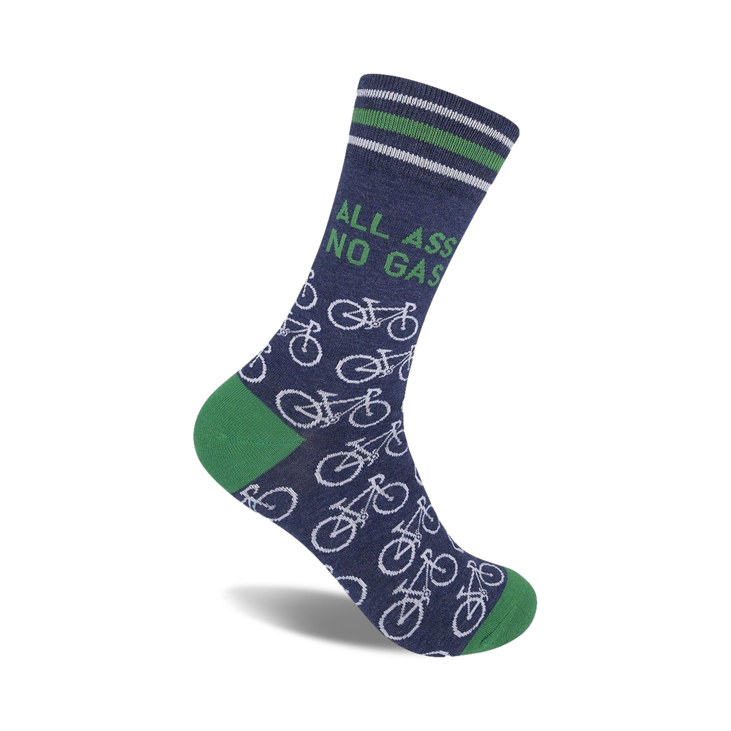 A navy blue crew sock with green cuffs, white bicycle designs, and the phrase 'All Ass No Gas' printed on the leg.