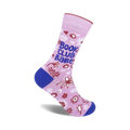 Pink crew socks with a blue 'Book Club Babe' slogan, red and white floral details, and blue and white cuffs.