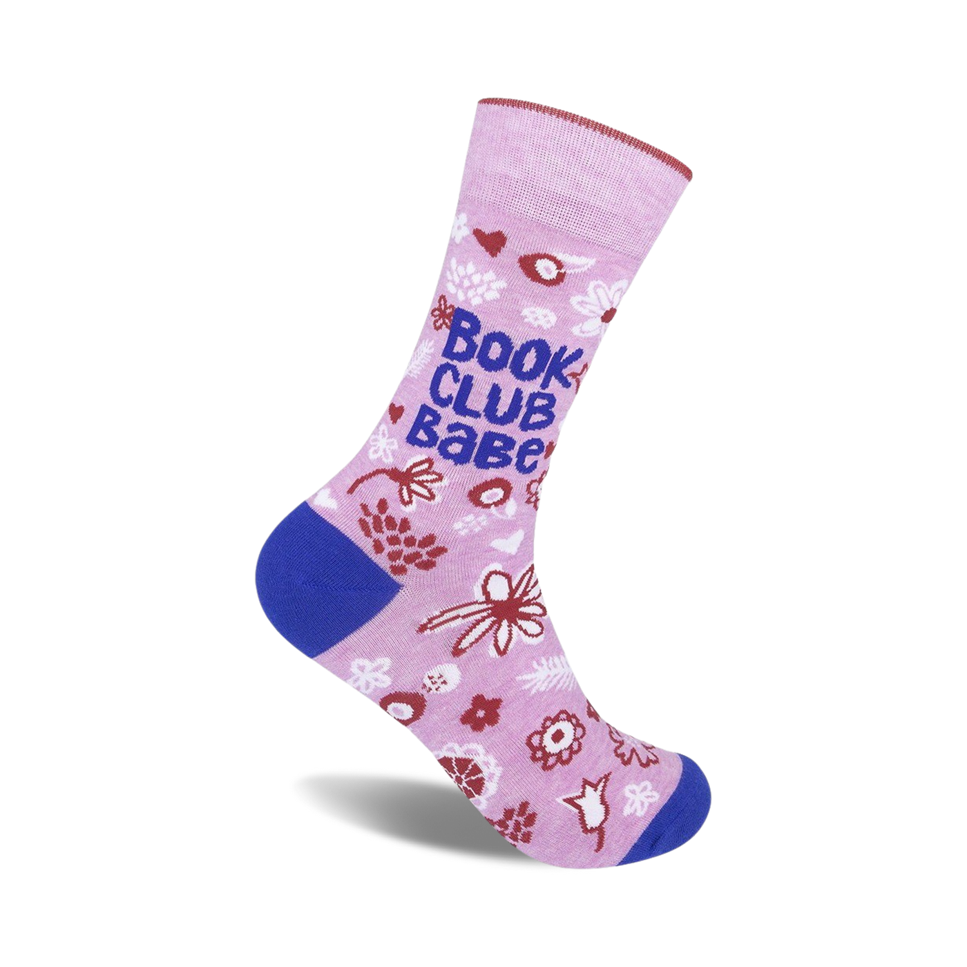 Pink crew socks with a blue 'Book Club Babe' slogan, red and white floral details, and blue and white cuffs.