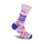 Pink crew socks with a blue 'Book Club Babe' slogan, red and white floral details, and blue and white cuffs.