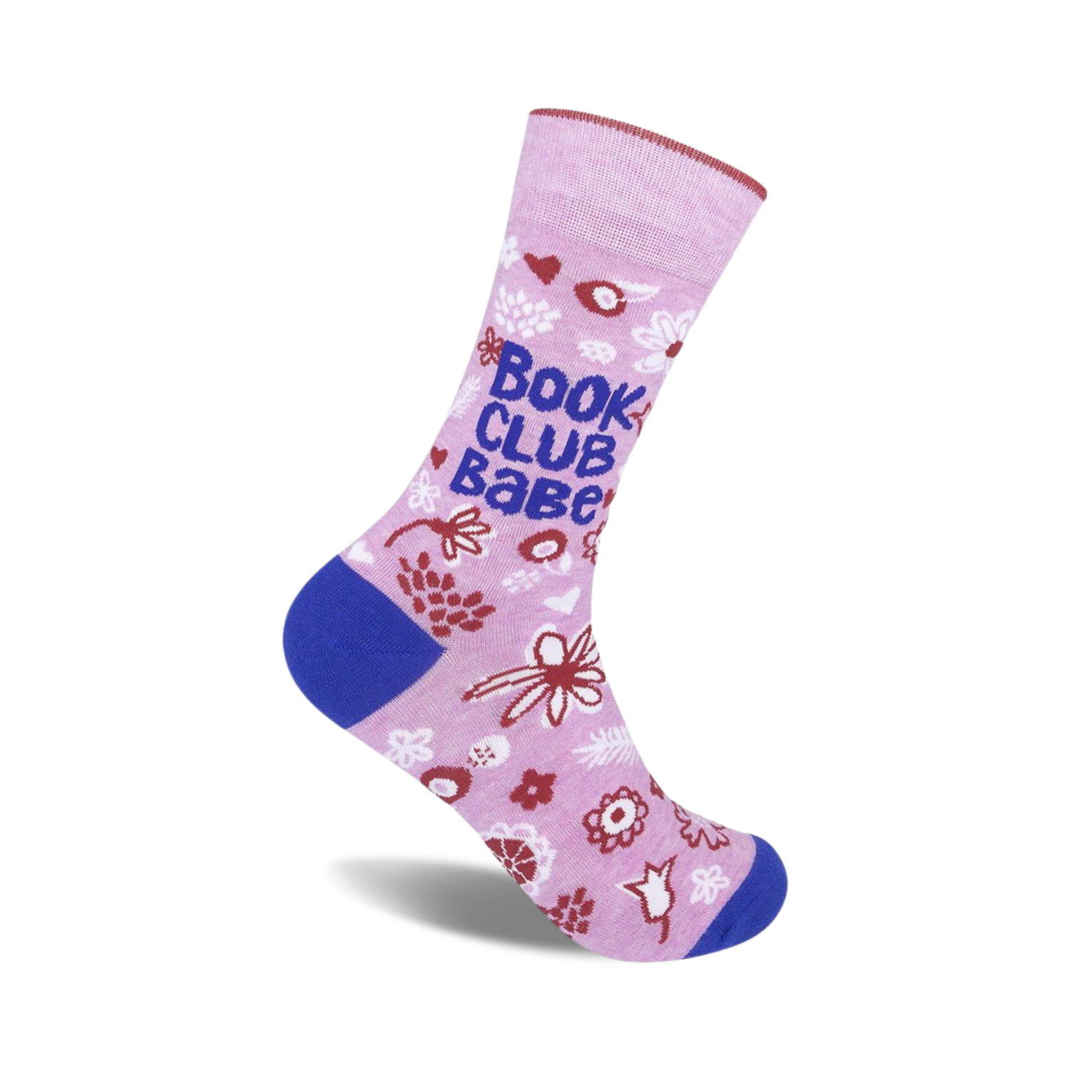 Pink crew socks with a blue 'Book Club Babe' slogan, red and white floral details, and blue and white cuffs.