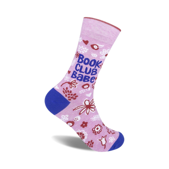 pink socks with blue accents, "book club babe" text, and a bookish floral pattern.  