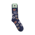 Product shot of 'Eat More Hole Foods' socks on Funatic packaging. Shows full sock design.
