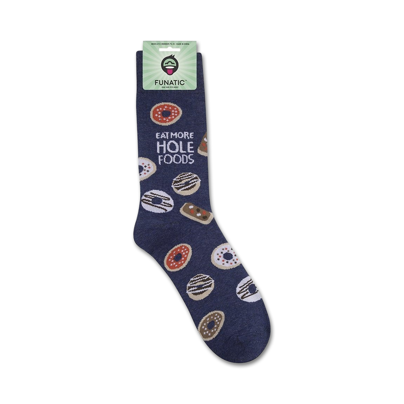 Product shot of 'Eat More Hole Foods' socks on Funatic packaging. Shows full sock design.