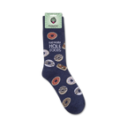 Product shot of 'Eat More Hole Foods' socks on Funatic packaging. Shows full sock design.