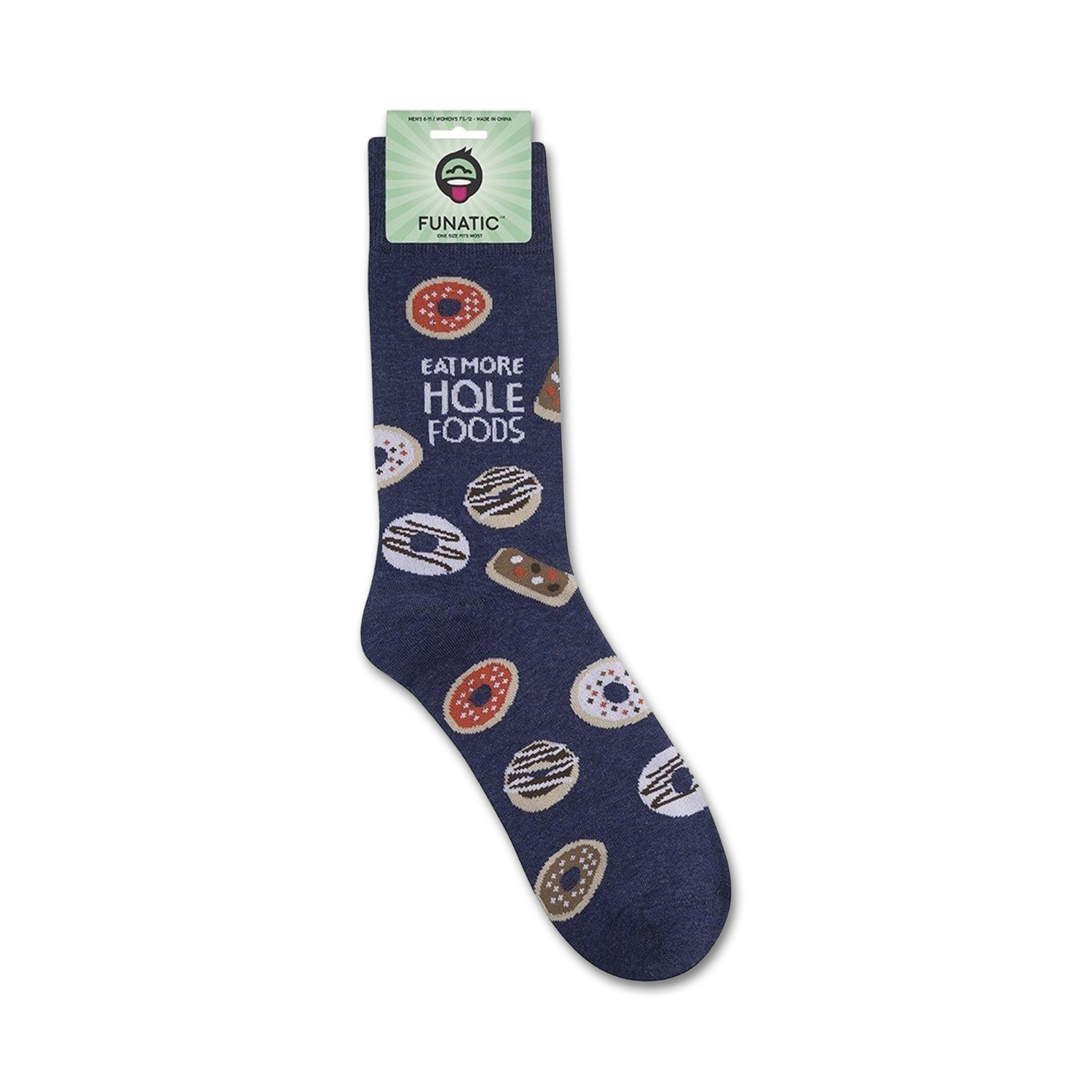 Product shot of 'Eat More Hole Foods' socks on Funatic packaging. Shows full sock design.