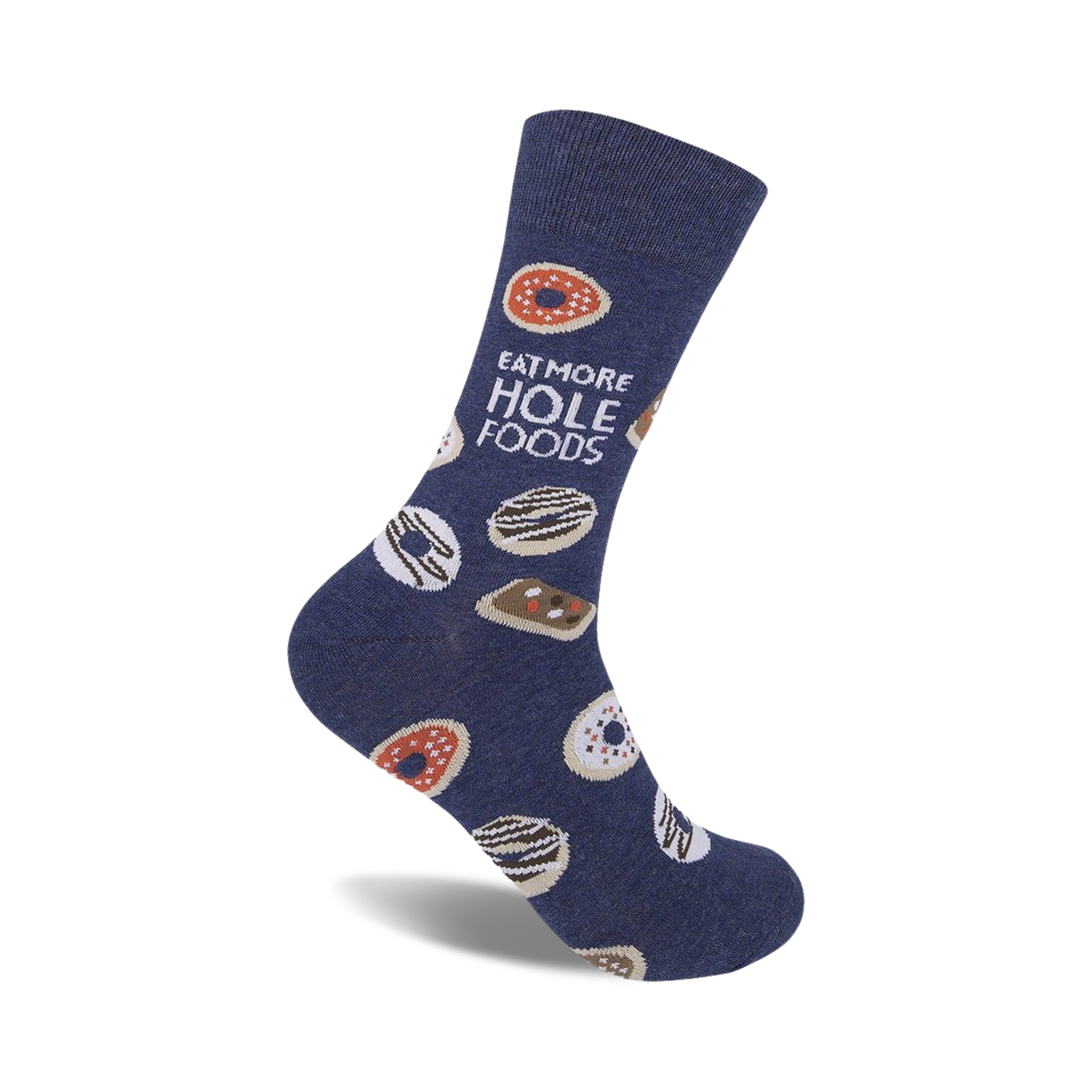 A navy blue crew sock with a playful 'Eat More Hole Foods' slogan and illustrated donuts in various colors and glazes.