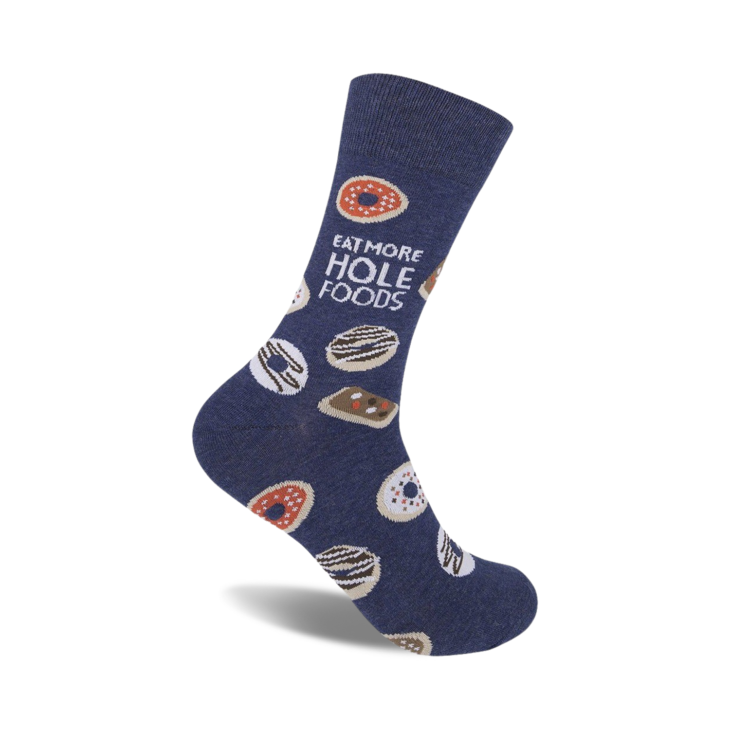 A navy blue crew sock with a playful 'Eat More Hole Foods' slogan and illustrated donuts in various colors and glazes.