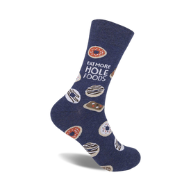 "donut-themed 'eat more hole foods' novelty socks with pun for men have blue and pink doughnut pattern and crew length."  