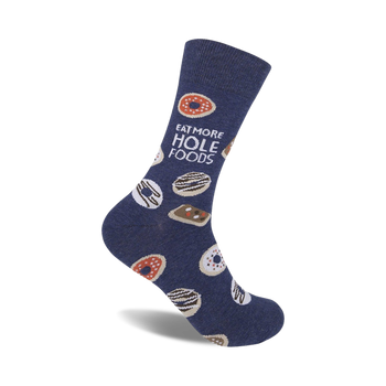 "donut-themed 'eat more hole foods' novelty socks with pun for men have blue and pink doughnut pattern and crew length."  