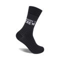 Black crew socks with thin grey stripes and 'Groom's Crew' written in white.  A stylish and fun sock for weddings or any occasion.