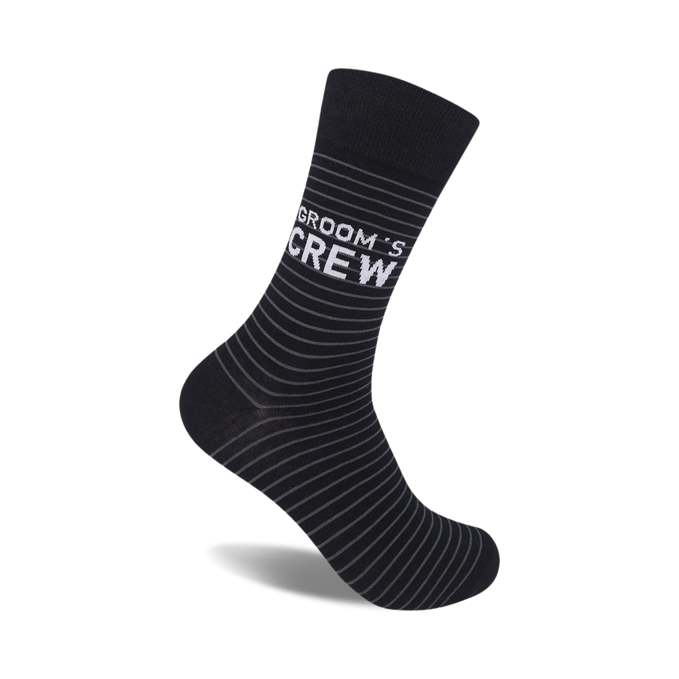 Black crew socks with thin grey stripes and 'Groom's Crew' written in white.  A stylish and fun sock for weddings or any occasion.