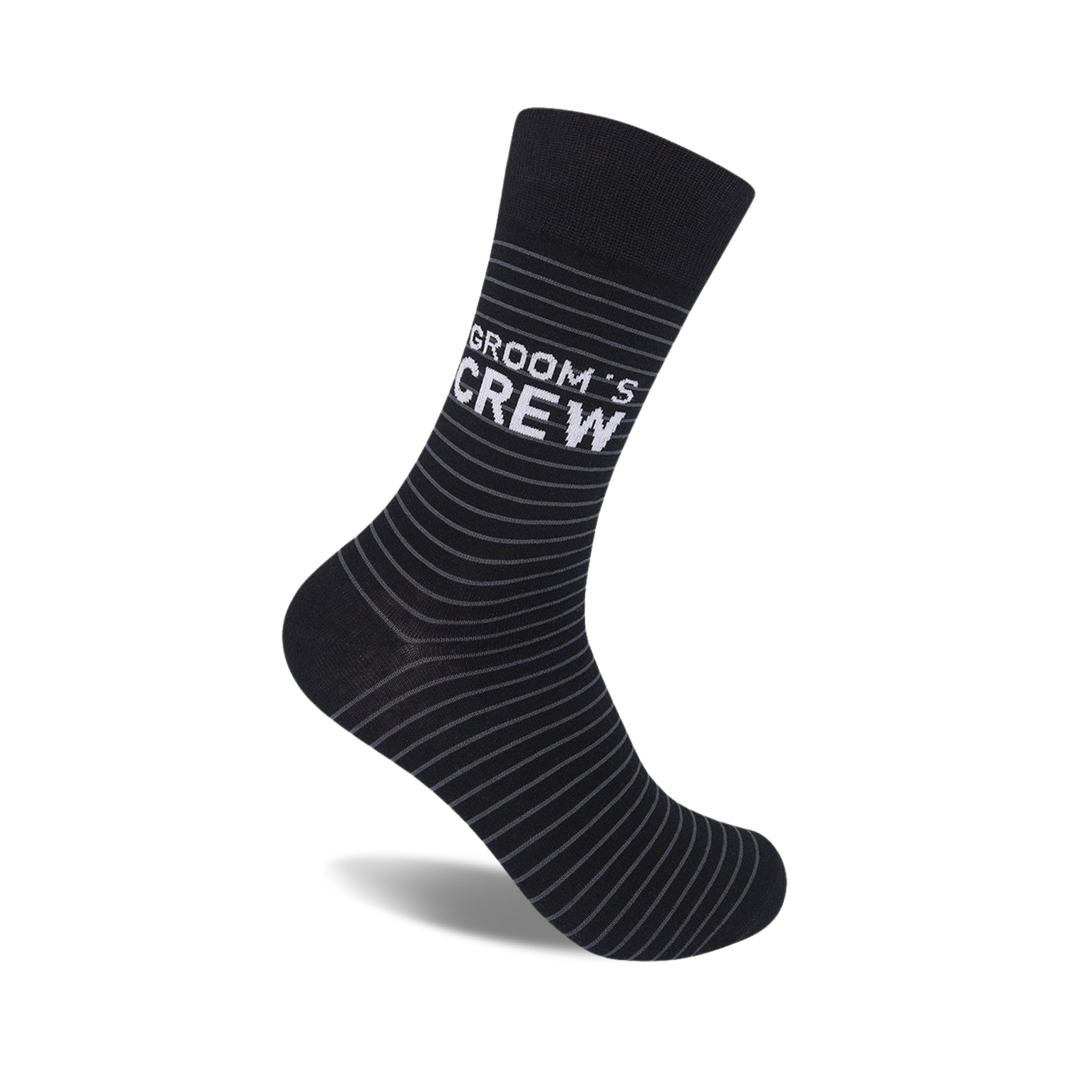 Black crew socks with thin grey stripes and 'Groom's Crew' written in white.  A stylish and fun sock for weddings or any occasion.