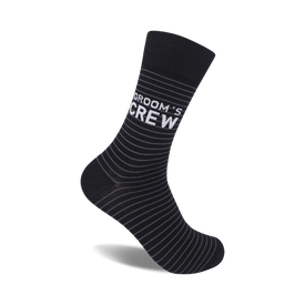 black and grey crew sock has white '{groom's crew}' text and is made for the groom's crew for the wedding.  