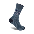 Gray crew socks with thin gray and white stripes and the text 'I Love Meetings About Meetings'.