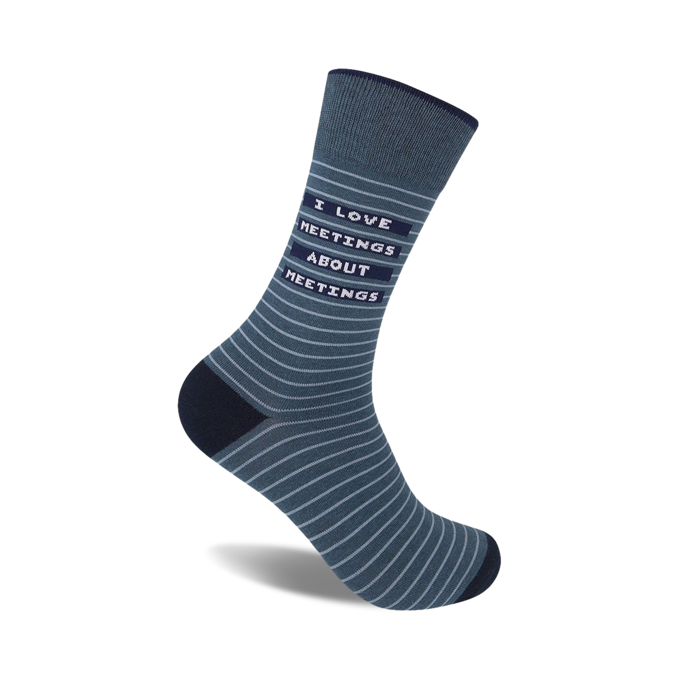 Gray crew socks with thin gray and white stripes and the text 'I Love Meetings About Meetings'.
